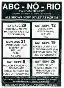 The Animal Liberation Front Supporters Group (ALF SG) Benefit with Deformed, Conscience, The Wurst, Disrupt, and Drop Dead at ABC No Rio in NYC, NY, 15 Aug. 1992